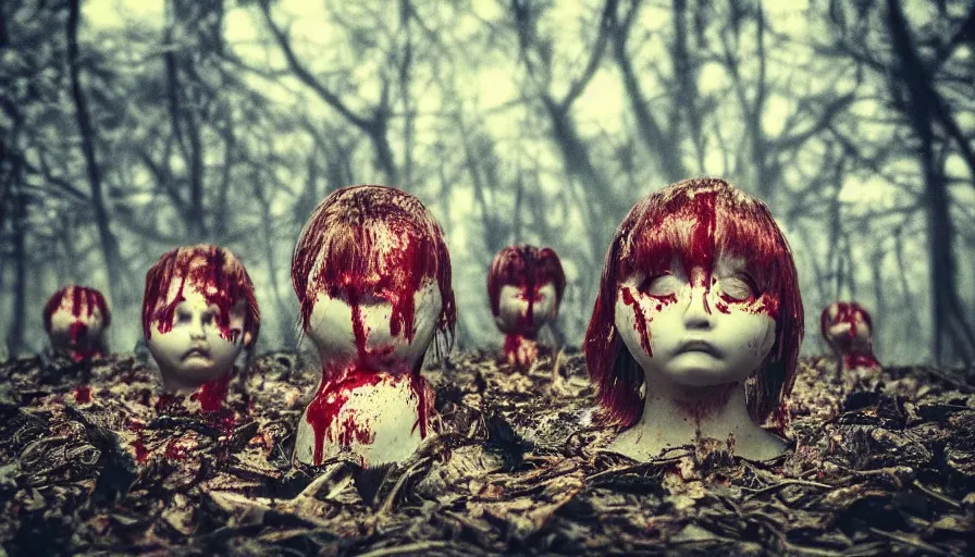 Prompt: “Explosion of doll heads covered in blood in a strange dense forest at night, close up, cinematic lighting, highly detailed special effects”