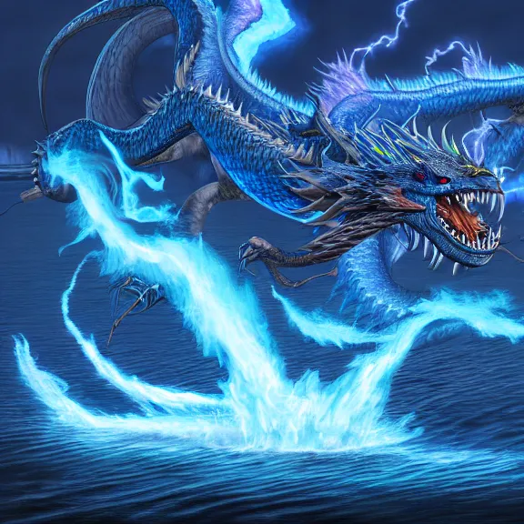 Prompt: blue dragon ghost, lightning, lake background, gerald brom, hyper detailed, 8 k, fantasy, dark, grim