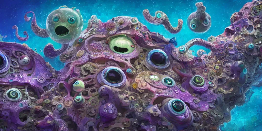 Image similar to of an intricate sea reef with strange cute friendly happy creatures with huge eyes, mouth, long tongue, round teeth and goofy face, appearing from the background, in the style of gehry and gaudi, macro lens, shallow depth of field, ultra detailed, digital painting, trending artstation, concept art, illustration, cinematic lighting, photorealism, epic, octane render