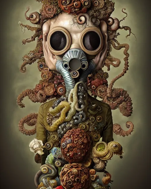 Image similar to a biomorphic portrait with with large eyes, expressive, wearing a botanical gas mask, baroque painting by ayami kojima, mark ryden, arcimboldo, cephalopod human chimera, mixed media 3 d collage, focus on head, soft light, 4 k, octane high quality render