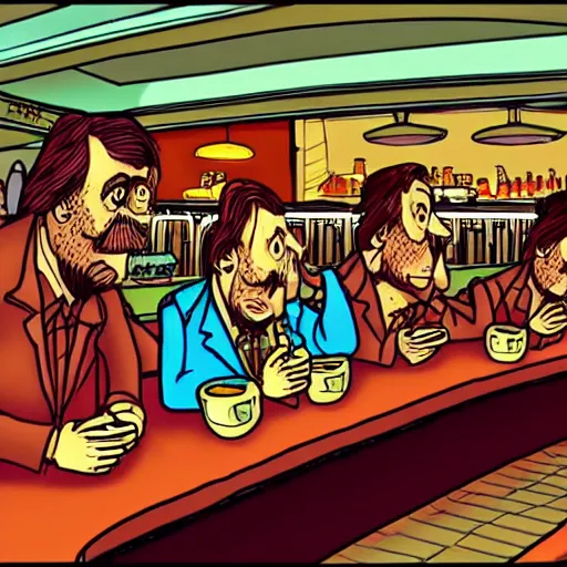 Image similar to terry gilliam style cartoon of nighthawks at the diner