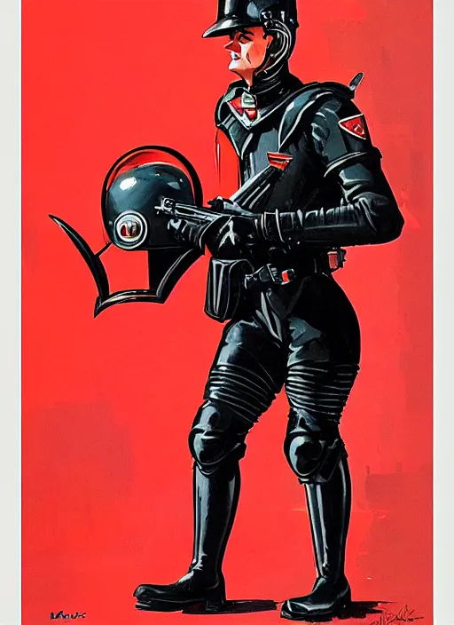 Image similar to a retrofuturistic security officer wearing black helmet and red uniform, vintage, retrofuturism, art by marc davis, marc davis artwork, poster