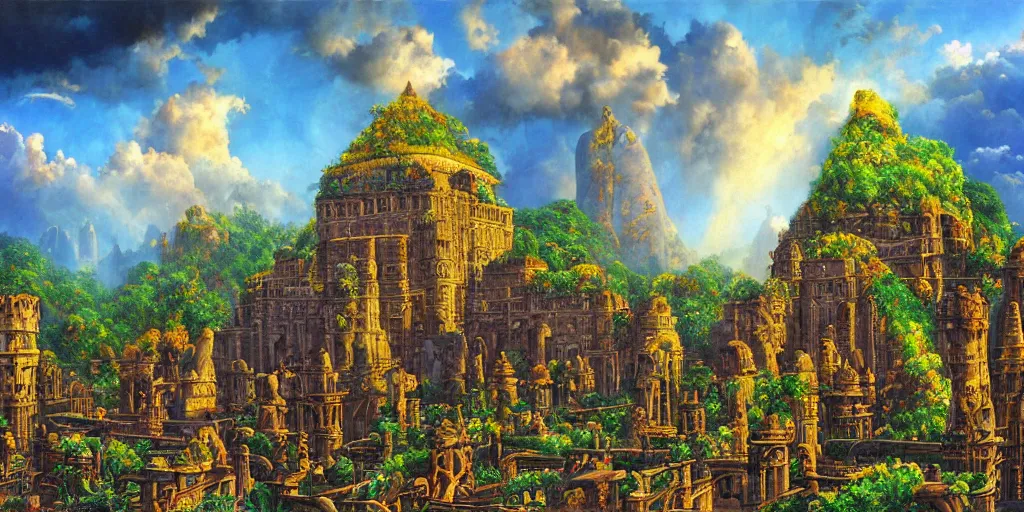Prompt: fantasy oil painting, regale, refined, fortress mega structure city, luxor, argos, indore, ellora, hybrid, looming, small buildings, warm lighting, street view, overlooking, epic, lush plants flowers, rainforest mountains, bright clouds, luminous sky, outer worlds, cinematic lighting, michael cheval, michael whelan, oil painting, natural tpose