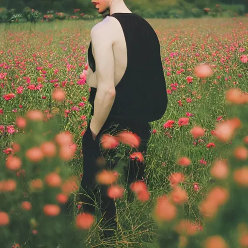 Image similar to kodak portra 4 0 0 photograph of a skinny blonde goth guy standing far back in a field of flowers, back view, flower crown, moody lighting, telephoto, 9 0 s vibe, blurry background, vaporwave colors, faded!,