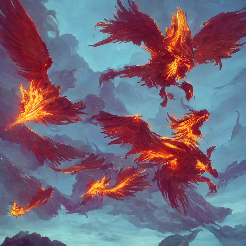 Image similar to art of a phoenix from dota 2. diving into battle, phoenix blasts enemies and heals allies with rays of solar flame. when the time is right, it can become a burning sun to scorch nearby foes before unleashing a stunning detonation that also restores phoenix to full strength. art by simon stalenhag