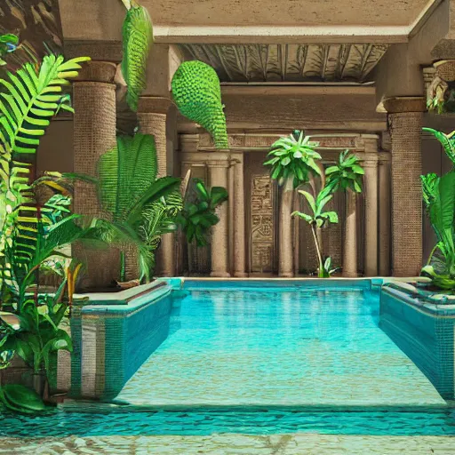 Image similar to a pool in a ancient egyptian interior full of plants and palms, 3d render,unreal engine