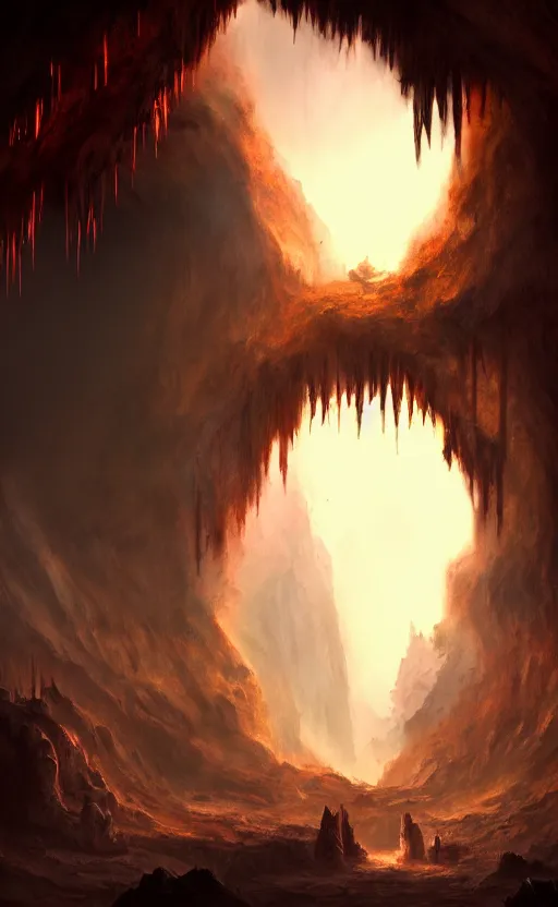 Image similar to a gate into hell, portal, doorway, in the distance of a giant cave, dynamic lighting, ambient lighting, atmospherical, photorealistic fantasy concept art, trending on art station, stunning visuals, creative, cinematic, ultra detailed