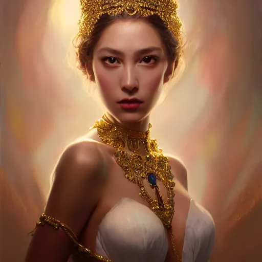 Image similar to expressive oil painting, of alluring european princess, seductive look, smooth glowing skin, glistening body, love, adoration, ornate headpiece made from beads, glamour shot, by yoshitaka amano, by greg rutkowski, by jeremyg lipkinng, by artgerm, digital art, octane render, white dress