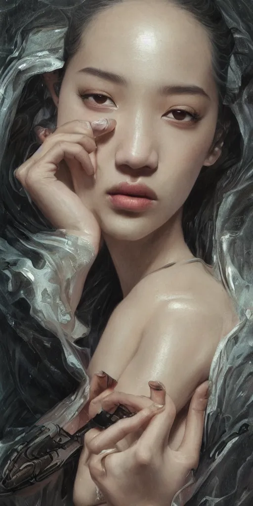 Prompt: Kiko Mizuhara, physically accurate, dramatic dynamic lighting, intricate, elegant, highly detailed, digital painting, artstation, very hyperrealistic, HR GIGER, Hieronymus Bosch, Francis Bacon, Tomas Sanchez, Renaissance, concept art, smooth, sharp focus, illustration, art by artgerm and greg rutkowski and alphonse mucha