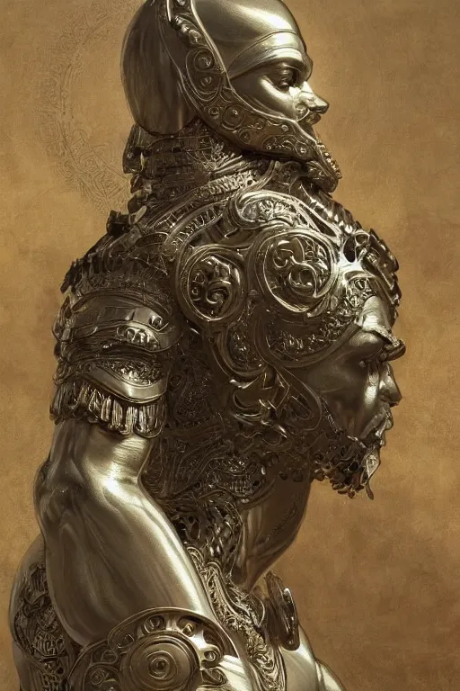 Prompt: Dog as a god, detailed face, statue, gorgeous, Delicate Greek metal armor, Delicate and intricate borders for decoration, amazing, flowing hair, muscular, fit, very muscular male body, intricate, highly detailed, 8K, digital painting, artstation, concept art, sharp focus, illustration, art by greg rutkowski beeple and alphonse mucha