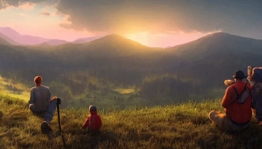 Image similar to back view of lumberjack and his son on the edge of mountains watching animals in the field in the distance, volumetric light, sunset, hyperdetailed, artstation, cgsociety, 8 k