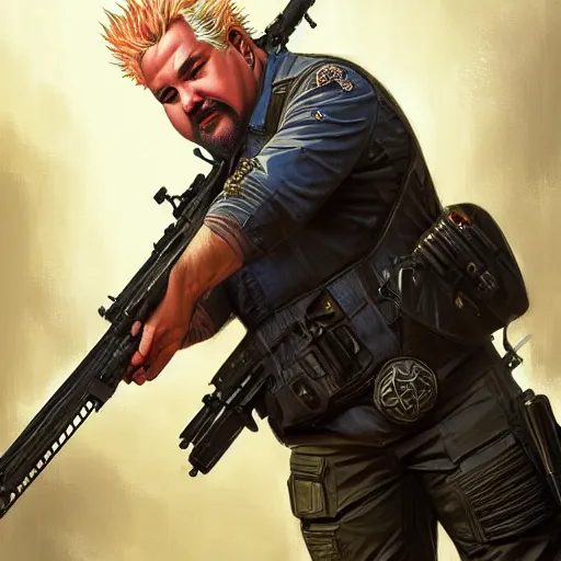 Prompt: portrait of guy fieri in tactical gear firing rifles, ethereal, handsome, d & d, fantasy, intricate, elegant, highly detailed, digital painting, artstation, concept art, matte, sharp focus, illustration, art by artgerm and greg rutkowski and alphonse mucha