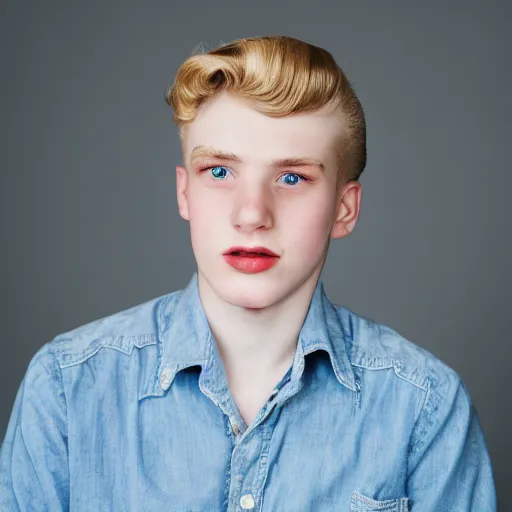 Image similar to close up of 1 8 year old man with wavy / curly light blonde hair, blue eyes, pale complexion, wearing 1 9 5 0 s clothing, 8 5 mm f / 1. 4