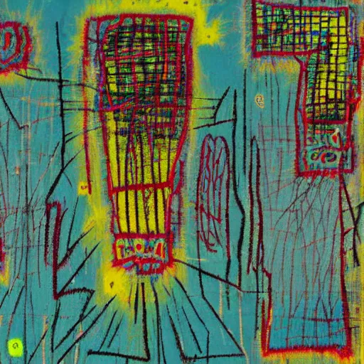 Image similar to wrinkled glowing radioactive electron microscope zoomed in to pastel fabric, jean - michel basquiat