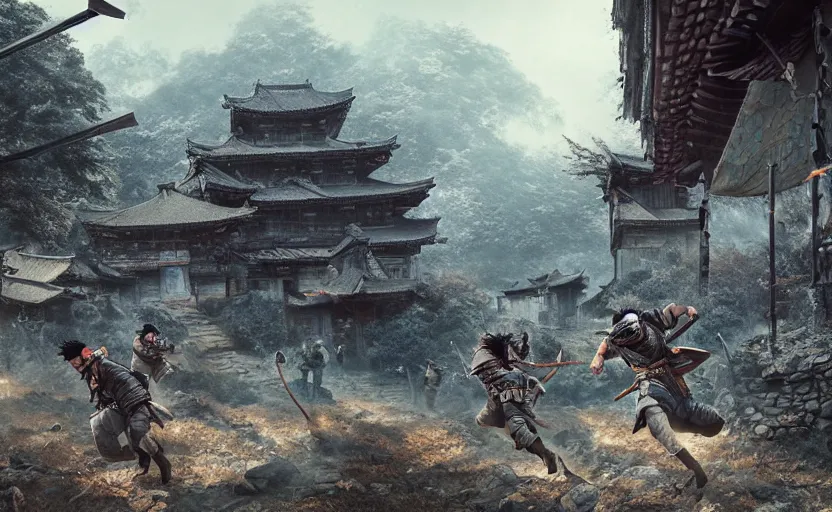 Image similar to highly detailed digital illustration of shinobi warriors running through old, ruined, japanese village from sengoku period, surrounded by dense rock formations, high in mountains, cinematic lighting, photobash, raytracing, volumetric lighting