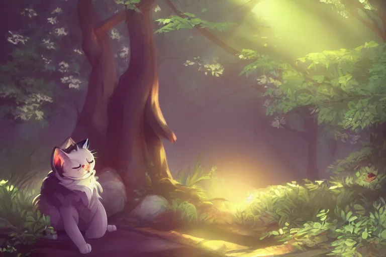 Image similar to a cat in the forest, trending on artstation, trending on furaffinity, digital art, by kawacy, anime, furry art, warm light, backlighting, cartoon, concept art