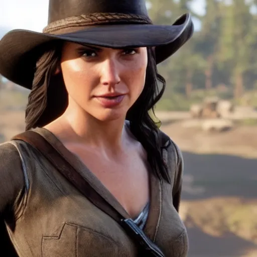 Prompt: Film still of Gal Gadot, from Red Dead Redemption 2 (2018 video game)