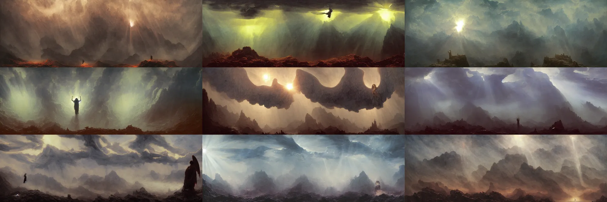 Prompt: an angel descensing into hell, low ultrawide shot, dark blues, mountains, abyss, stylized, detailed gouache paintings, crepuscular rays, murky, foggy, atmospheric, nicola samori, albert bierstadt, frederic edwin church, beksinski, wayne barlowe's inferno