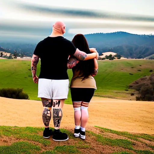 Image similar to portrait of a young chunky bald white male tattoos and his young white female brown hair wife with tattoos. male is wearing a white t - shirt, tan shorts, white long socks. female is has long brown hair and a lot of tattoos. photo taken from behind them overlooking the field with a goat pen. rolling hills in the background of california and a partly cloudy sky