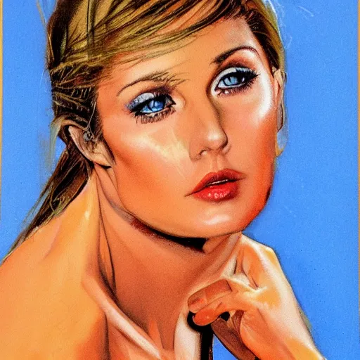 Image similar to photorealistic picture, by bob peak and alex ross, 9 0 s calendar girl, gouache and wash paints, fine details, fine intricate, fine facial proportionate, fine body proportionate, smooth sharp focus, sharp focus