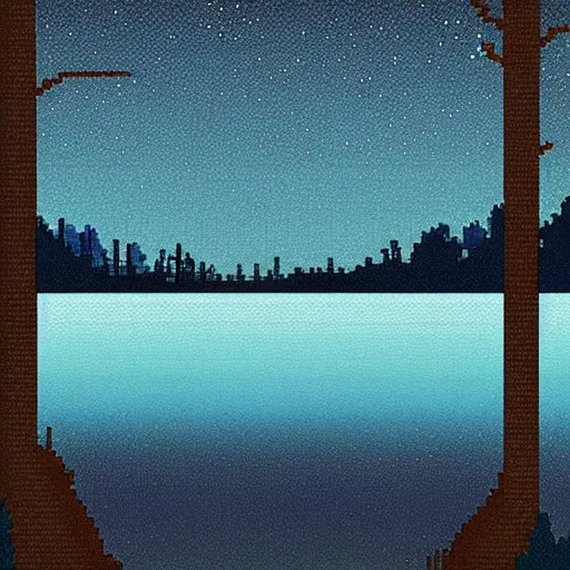 Prompt: pixel art of a lake at night in a forest, dark blue colors