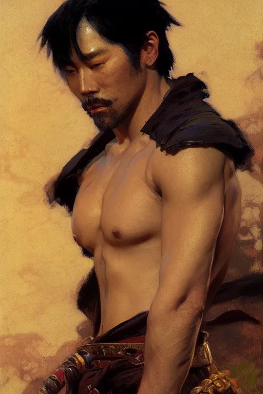 Prompt: attractive male, ghost of tsushima, painting by gaston bussiere, craig mullins, j. c. leyendecker, tom of finland