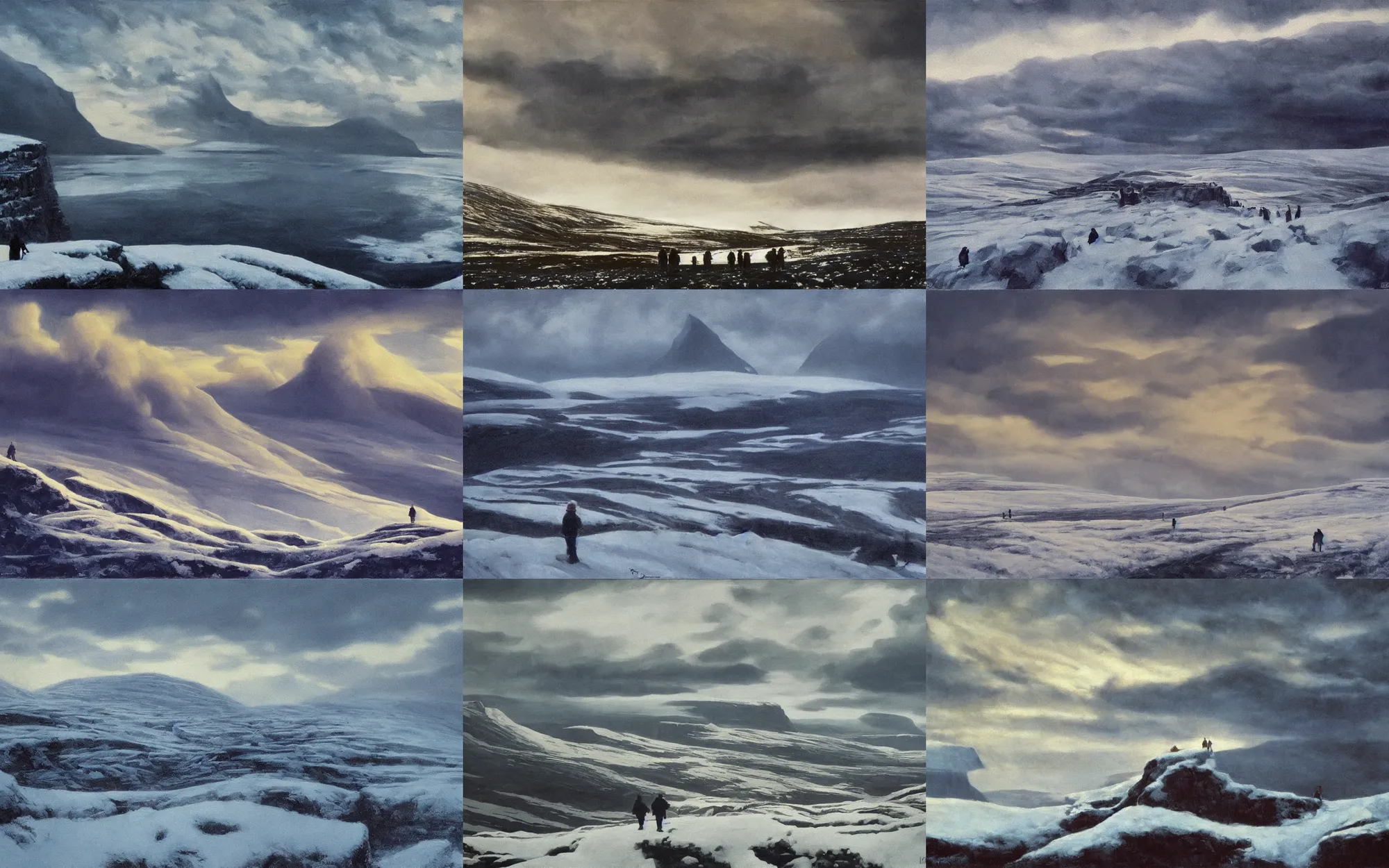 Prompt: epic composition, cold, winter landscape, faroe island, cost, clouds, shot from danis villeneuve movie, roger deakins filming, nightfall, painting in the style of ed mell and Alfred Joseph Cassonand Phil Buytendorp