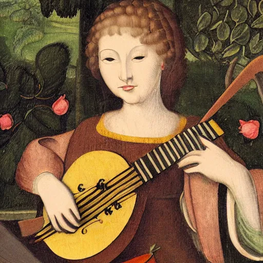 Prompt: cat with lute, sitting in the rose garden, medieval portrait, orphism, close up