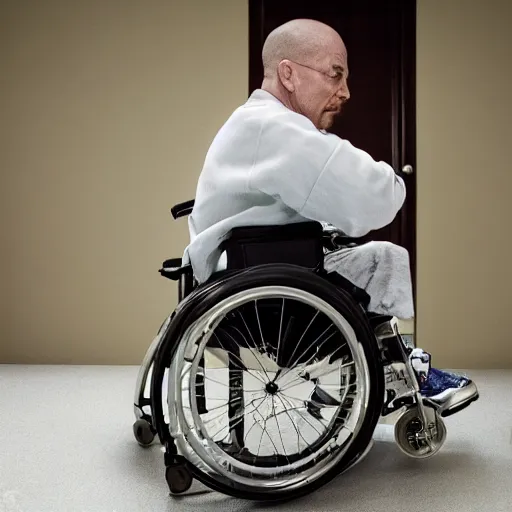 Image similar to flynn white from breaking bad unable roll his wheelchair upstairs, sharp focus, hyper realistic, sony 3 5 mm lens