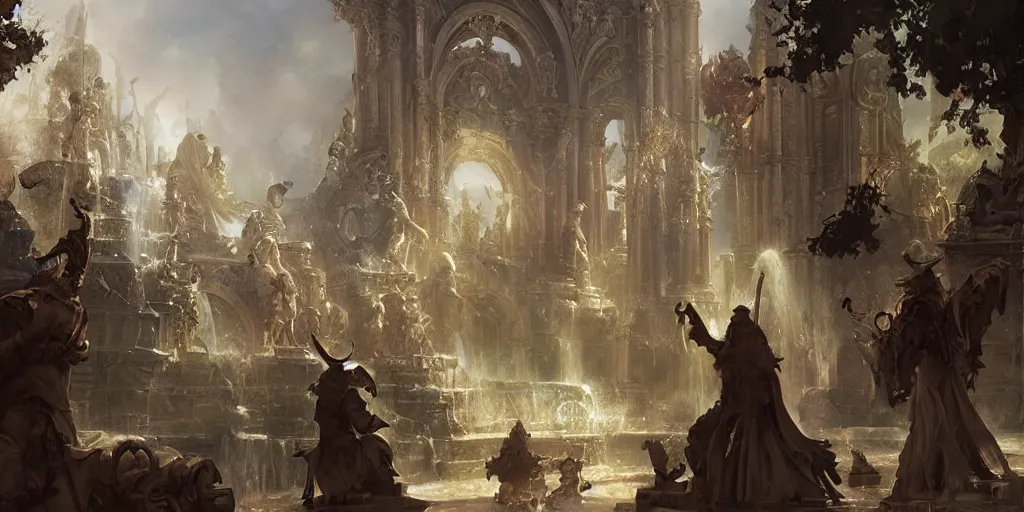 Prompt: fountain of dreams in the baroque era, clerics, staffs, books, choir, hearthstone art style, epic fantasy style art by Craig Mullins, fantasy epic digital art, epic fantasy card game art by Greg Rutkowski