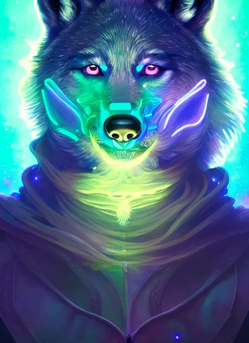 Image similar to a wolf faceless glowing liquefied stardust adventurer, dnd fantasy character, full body portrait, glowing neon skin, magical aura, ultra realistic, intricate, elegant, highly detailed, digital painting, artstation, smooth, sharp, focus, illustration, art by artgerm and greg rutkowski and alphonse mucha and dan mumford, sacred geometry