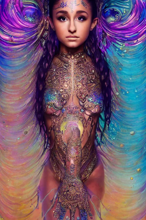 Image similar to a centered render of ariana grande as a mytical festival hippy with tribal tattoos wearing intricate metallic clothing surrounded by a underwater ink pour and flowing liquid gallium and sacred geometry, perfect body and face, gorgeous, cinematic, beautifully lit, by peter kemp, by karol bak, by donato giancola, 3 d, trending on artstation, octane render, 8 k