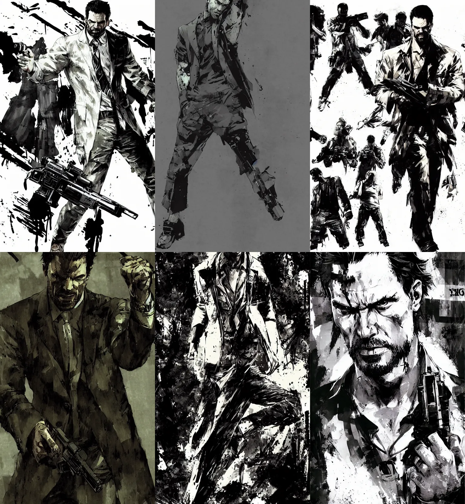 Prompt: Max Payne concept art illustrated by Yoji Shinkawa, full body portrait, dynamic pose, high res