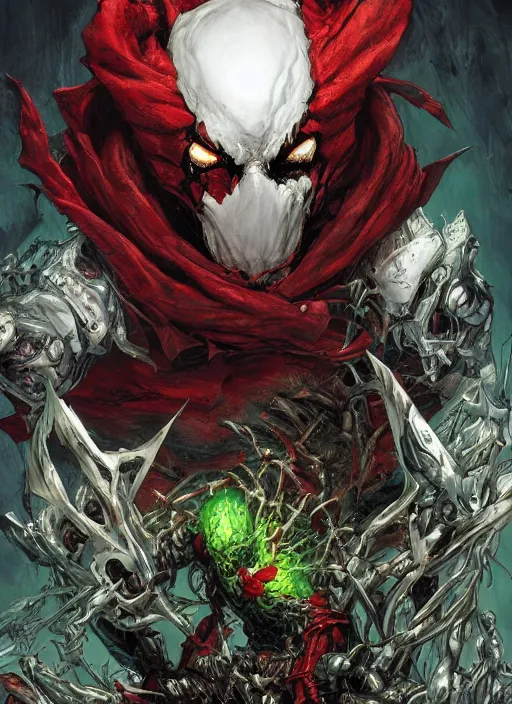 Image similar to first issue of spawn comic book cover art, au naturel, hyper detailed, digital art, trending in artstation, cinematic lighting, studio quality, smooth render, unreal engine 5 rendered, octane rendered, art style by klimt and nixeu and ian sprigger and wlop and krenz cushart