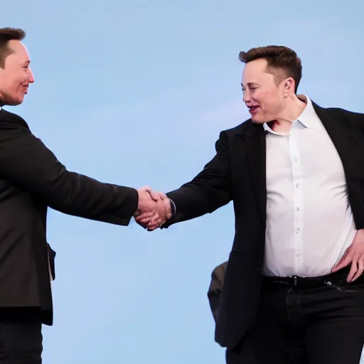 Image similar to Elon Musk shaking hands with another Elon Musk, highly detailed, high quality, HD, 4k, 8k, Canon 300mm, professional photographer, 40mp, lifelike, top-rated, award winning, realistic, sharp, no blur, edited, corrected, trending