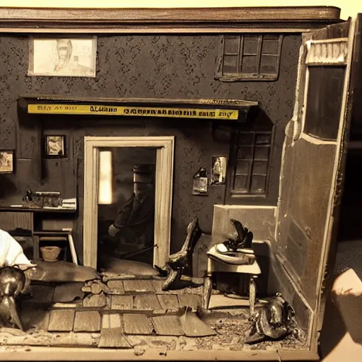 Image similar to a diorama of a 1 8 9 0 s crime scene, noir, 3 dimensional, intricate details