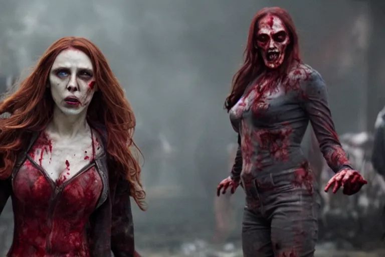 Image similar to film still of zombie zombie Scarlet Witch as a zombie in new avengers movie, 4k