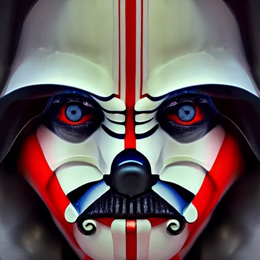 Image similar to clown darth vader hybrid, symmetrical front face portrait, by jean - baptiste monge, high quality, high resolution, 4 k, octane realphoto, raytrace