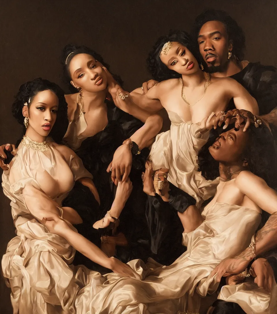 Image similar to portrait of cardi b and offset in the style of roberto ferri