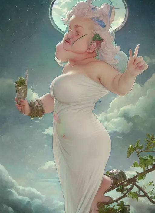Image similar to a chubby elf woman with pointed ears, wearing a white sundress, rainbow pastel clouds for hair, realistic painting by ross tran and gerald brom and alphonse mucha, artgerm, trending on artstation