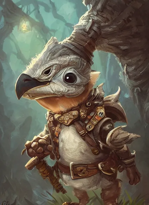 Image similar to cute little anthropomorphic rockfowl bandit wearing swamp patch, tiny, small, miniature animal, baby animal, short, pale black armor, cute and adorable, pretty, beautiful, DnD character art portrait, matte fantasy painting, DeviantArt Artstation, by Jason Felix by Steve Argyle by Tyler Jacobson by Peter Mohrbacher, cinematic lighting