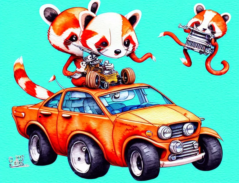 Prompt: cute and funny, redpanda riding in a tiny hot rod with oversized engine, ratfink style by ed roth, centered award winning watercolor pen illustration, isometric illustration by chihiro iwasaki, edited by range murata, tiny details by artgerm and watercolor girl, symmetrically isometrically centered