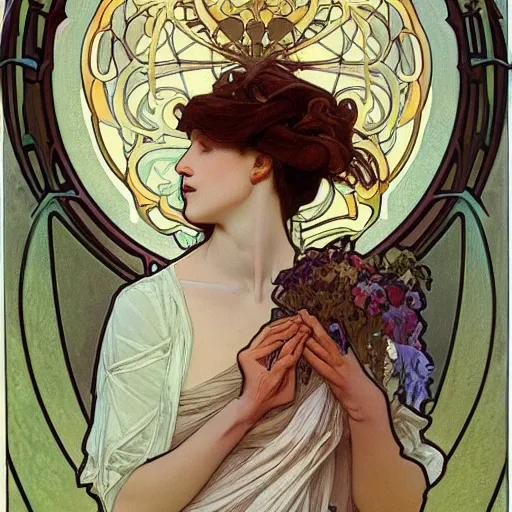 Image similar to a beautiful female necromancer raising the dead by alphonse mucha by jules joseph lefebvre