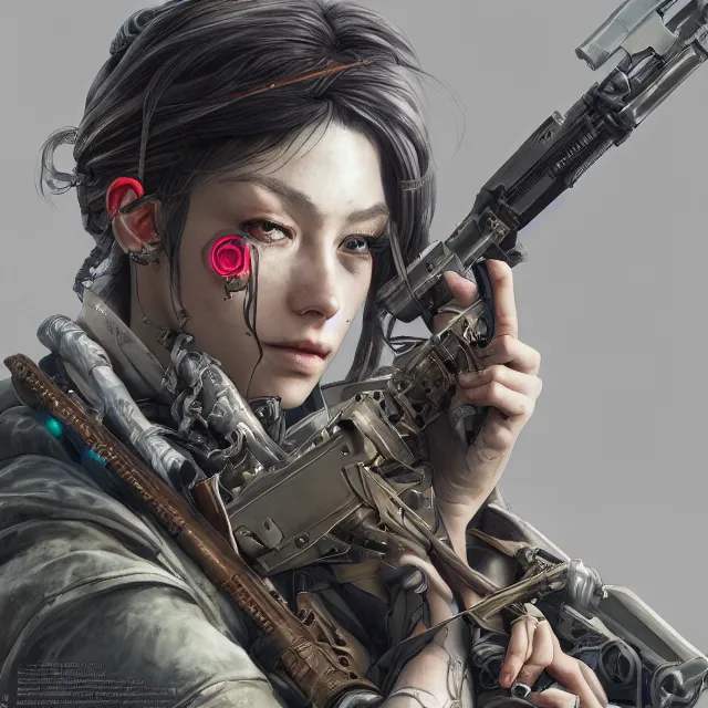 Image similar to the portrait of lawful neutral female cyberpunk infantry sniper as absurdly beautiful, gorgeous, elegant, young woman looking up, an ultrafine hyperdetailed illustration by kim jung gi, irakli nadar, intricate linework, bright colors, octopath traveler, final fantasy, unreal engine 5 highly rendered, global illumination, radiant light, detailed and intricate environment