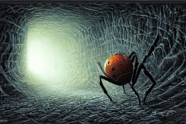 Prompt: a monstrous spider in a dark tunnel, cobwebs, atmospheric, in the style of bob eggleton, dramatic lighting, low angle, wide angle, hyper - realistic, highly detailed digital art