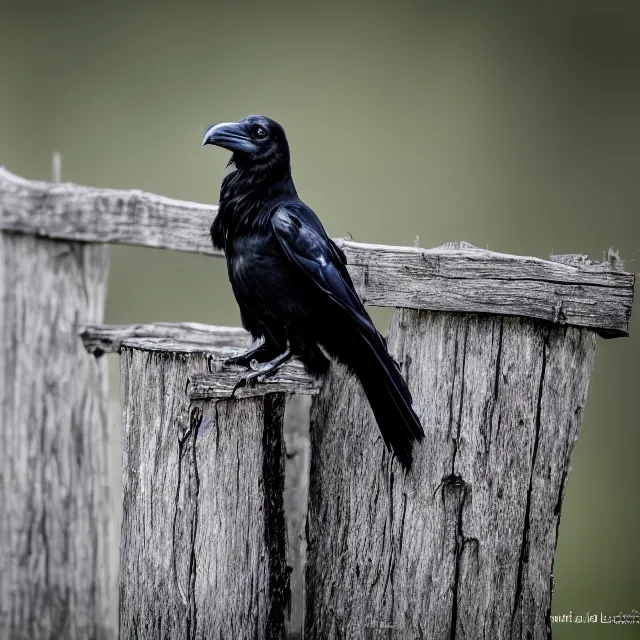 Prompt: a raven on a fence post, nature photography, wildlife photography canon, sony, nikon, olympus, 4 k, hd, 1 0 0 mm, depth of field, golden hour