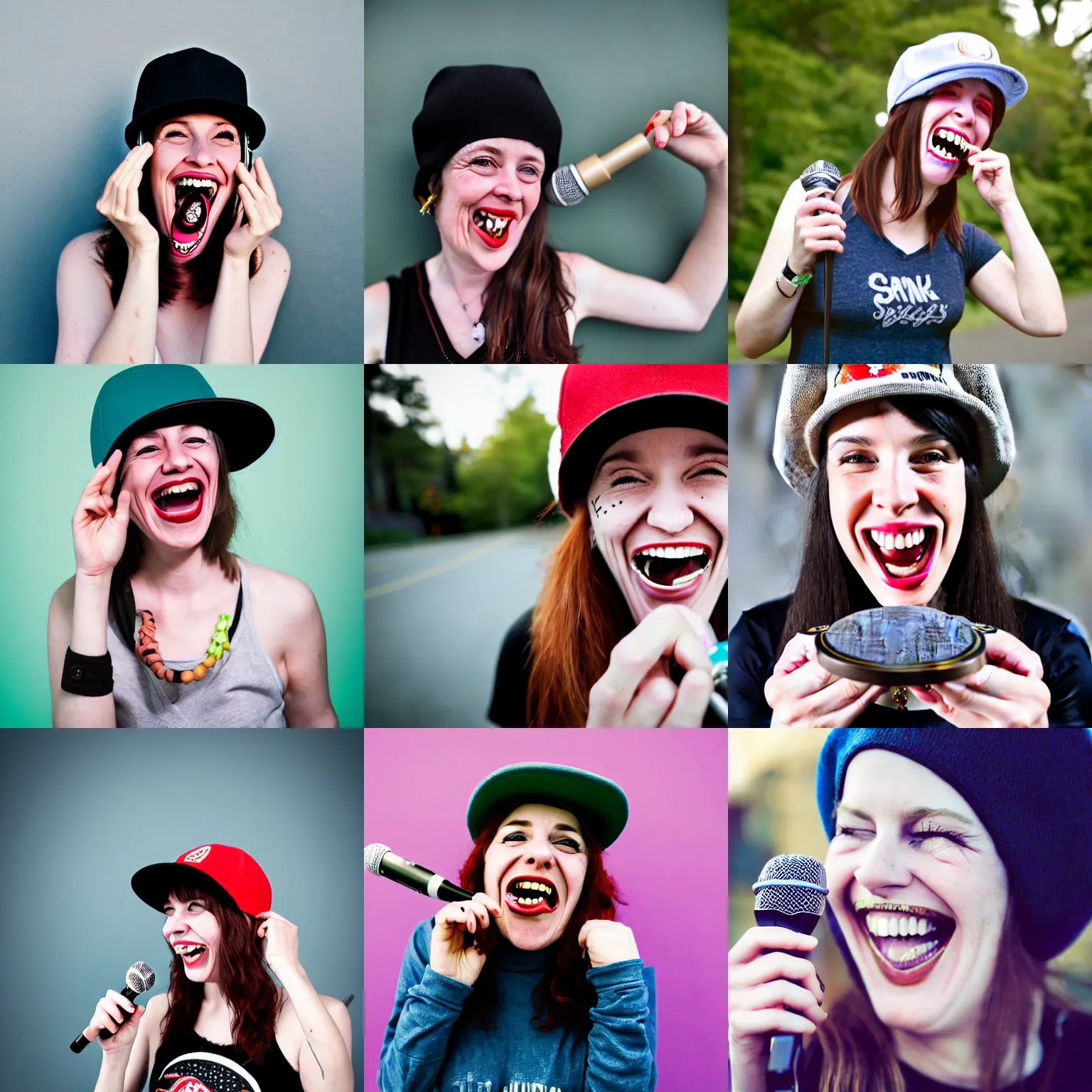 Prompt: an attractive 3 0 year old woman with skatepunk style and flatbrim hat holding a microphone in her right hand, laughing, small teeth, pale beautiful skin, no makeup, stoner, a photograph by jane freilicher, tumblr contest winner, lowbrow, adafruit, lighthearted, contest winner