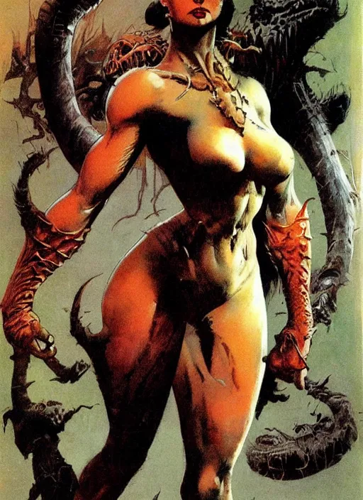 Image similar to female vetala, strong line, deep color, beautiful! coherent! by frank frazetta, high contrast