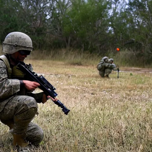 Image similar to a rare military frog equipped with rocket launcher and night vision target acquisition system, photo from us marines training exercise