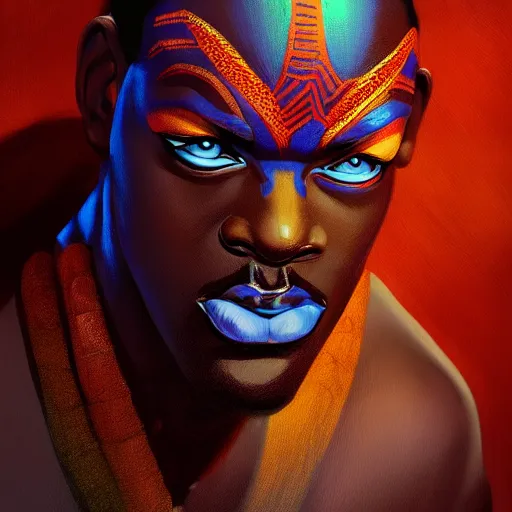 Prompt: Bright, colorful, realistic African-mythology rpg single individual headshot dramatic backlighting, kodachrome, high contrast, highly detailed, sharp focus, digital painting, concept art, illustration, trending on artstation, comic book by Alex Ross cover art